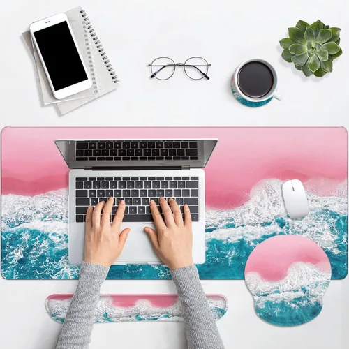 Miniatura 7 de Britimes Blue Sea - Juego de Alfombrilla de Teclado y Mouse Playa de Arena Rosa 4 en 1 Alfombrilla Grande + Reposamuñecas para Teclado +
