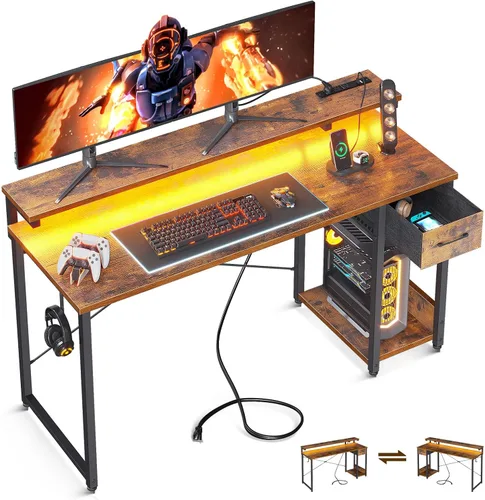 Miniatura 9 de AODK Escritorio para juegos con luces LED, escritorio para computadora de 55 pulgadas con cajones, escritorio pequeño reversible con soporte