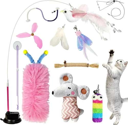 Miniatura 10 de Juguetes para gatitos 7 en 1 para gatos de interior con ventosa adhesiva lavable, juguetes interactivos para gatos, palo de vid plateada y cuerda