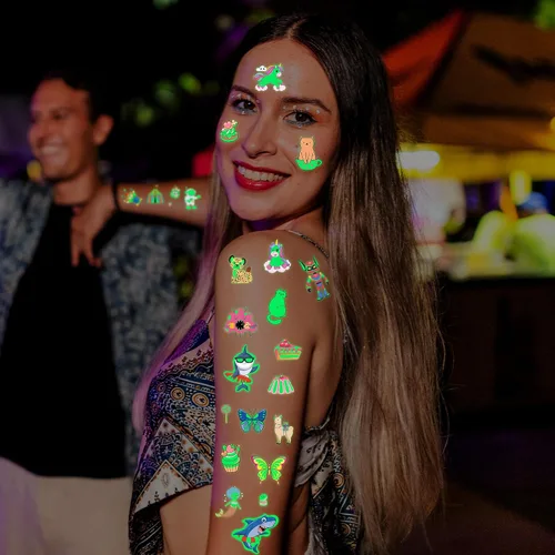 Miniatura 5 de 370 patrones de recuerdos de fiesta, 36 hojas que brillan en la oscuridad, tatuajes temporales luminosos, suministros de tatuajes falsos
