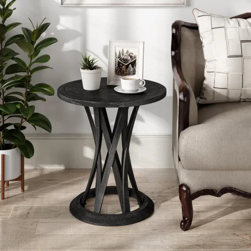 COZAYH Mesa auxiliar redonda de granja con base de pedestal entrecruzada, mesa auxiliar con acabado envejecido, mesa decorativa rústica para sala de