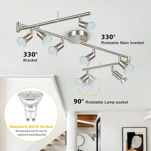 Miniatura 2 de Kit de iluminación LED de pista Unicozin, iluminación de techo de 8 direcciones con acabado de níquel mate, cabezal de luz flexible giratorio, luz