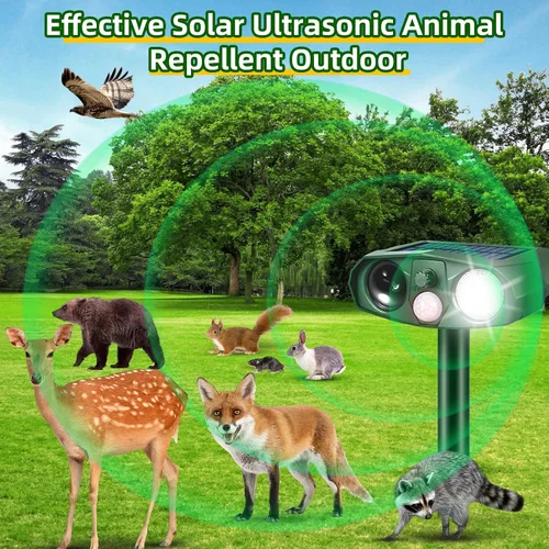 Miniatura 2 de Repelente solar de animales para exteriores, disuasorio ultrasónico de jardín con sensor de movimiento para gatos, ardillas y roedores, estaca