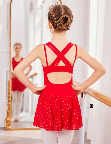 Miniatura 6 de Zaclotre Leotardos de gimnasia para niñas, con tirantes cruzados, brillantes vestidos de baile de ballet con espalda hueca y falda para disfraz