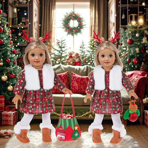 Miniatura 4 de ebuddy Ropa y accesorios para muñecas de 18 pulgadas, juego de disfraz de Navidad que incluye vestido, chaleco de piel, medias, botas, pinzas
