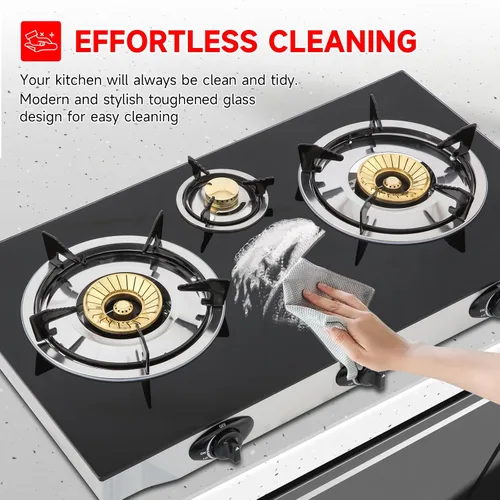 Miniatura 6 de Cocina de gas propano, estufa de gas de 3 quemadores portátil, vidrio templado de 0.28 pulgadas, encendido automático, 3 quemadores GLP para RV