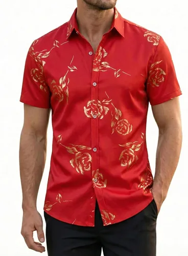 Miniatura 9 de ZEROYAA - Camisas de vestir de manga corta con estampado de rosa dorada para hombre, estilo hipster, calce ajustado, con botones