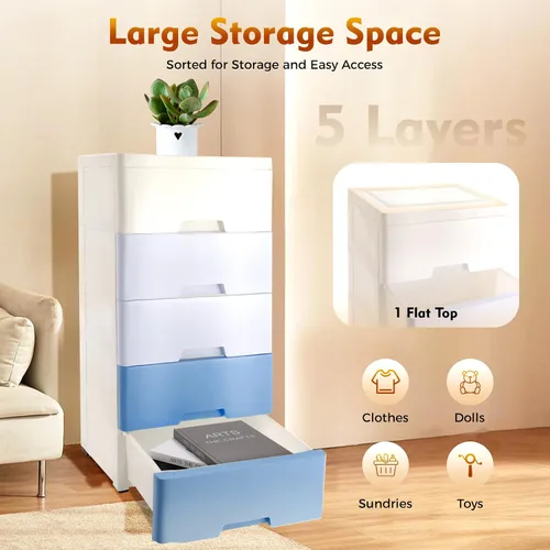 Miniatura 2 de Cajones de plástico, armario de almacenamiento de 5 cajones, torre vertical apilable de almacenamiento de ropa, armario alto y pequeño para Azul