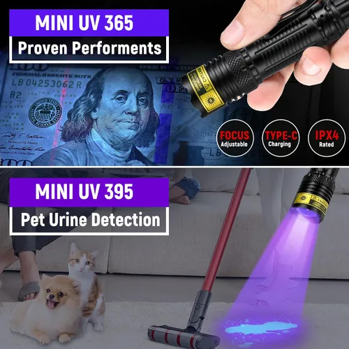 Miniatura 2 de DARKDAWN Linterna UV de 365 y 395 nm, luz negra, mini USB, recargable, LED ultravioleta blacklight, lámpara Woods, detector portátil fluorescente