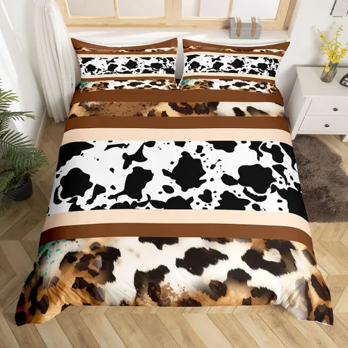Miniatura 11 de Erosebridal Funda de edredón de piel de vaca marrón con estampado de vaca de las tierras altas, juego de ropa de cama occidental exótico azteca