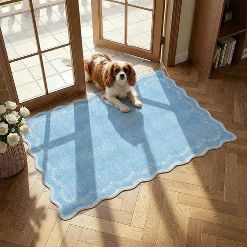 GarveeHome Alfombra de entrada festoneada, 2 x 3, color azul sólido, lavable, alfombra floral para entrada interior, alfombra floral antideslizante