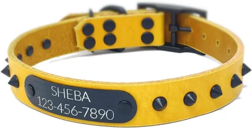 Personalized Spiked Bridle Leather Dog Collar, Engraved Matte Black Metal Nameplate (Mustard Yellow)