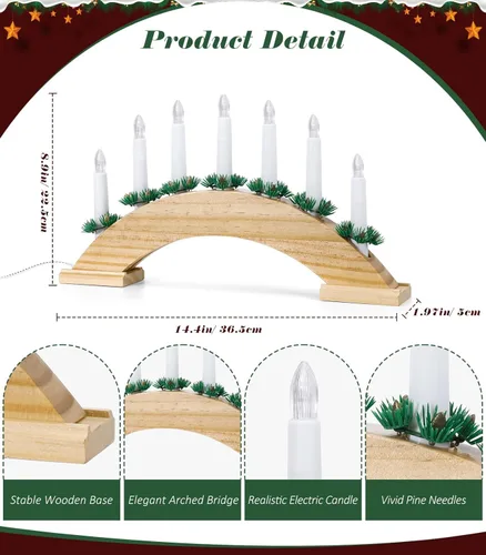 Miniatura 4 de Lewondr Candelabro sueco de Navidad, 7 velas cónicas sin llama con alimentación USB, luz de vela de ventana de Navidad con agujas de pino, luz