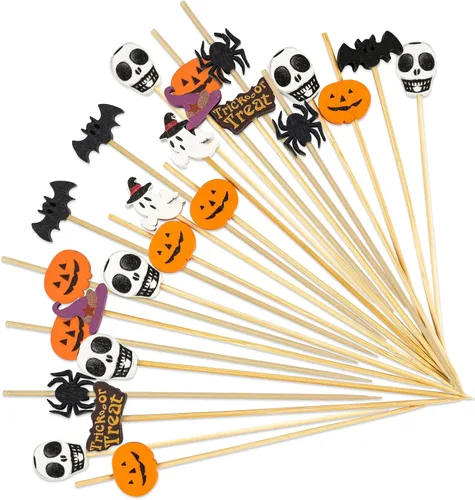 Miniatura 9 de 100 unidades de púas de cóctel de otoño de 12 cm, hojas, calabazas, bellotas, palillos de dientes decorativos elegantes de bambú, palillos