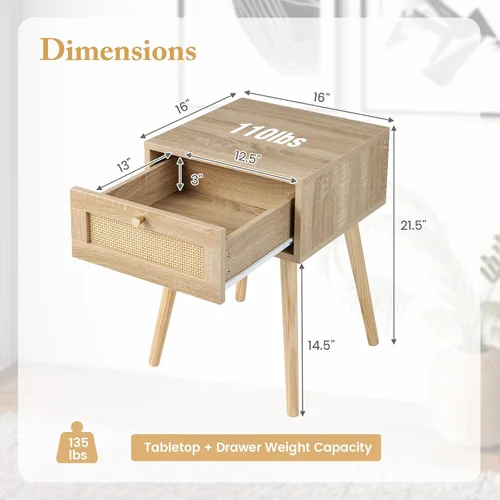Miniatura 3 de Giantex Mesita de noche de ratán bohemio, mesitas de noche de madera de mediados de siglo con cajón de tejido de ratán, mesita de noche con patas