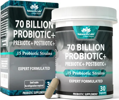NaturaLife Labs Probióticos 70 mil millones de CFU – 15 cepas con prebiótico y postbiótico orgánico – Fórmula 3 en 1 – 30 cápsulas veganas