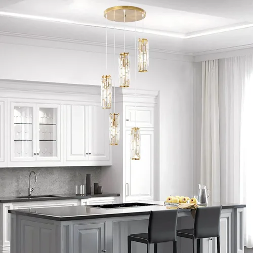 Miniatura 2 de LMQNINE - Lámpara colgante, lámparas colgantes modernas doradas, mini candelabros de cristal, iluminación colgante ajustable de 5 luces para cocina
