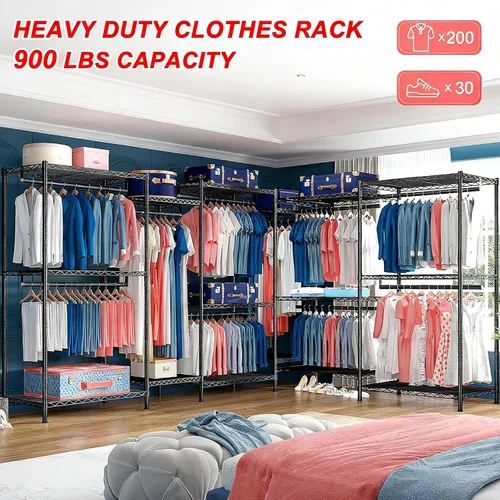 Miniatura 2 de Raybee Perchero de ropa para colgar ropa, capacidad de 900 libras, armario portátil resistente con 5 barras de suspensión y 8 estantes
