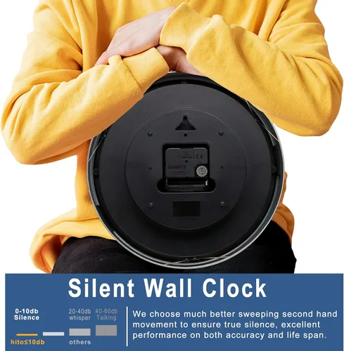 Miniatura 4 de HITO Reloj de pared silencioso de 10 pulgadas, funciona con pilas, sin tictac, con cubierta de vidrio, marco de aluminio plateado, para decoración