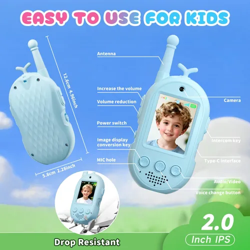 Miniatura 8 de Walkie Talkies de video mejorados para niños, paquete de 2 unidades recargables de voz/videollamadas para niños, juguetes para interiores, Azul/Azul
