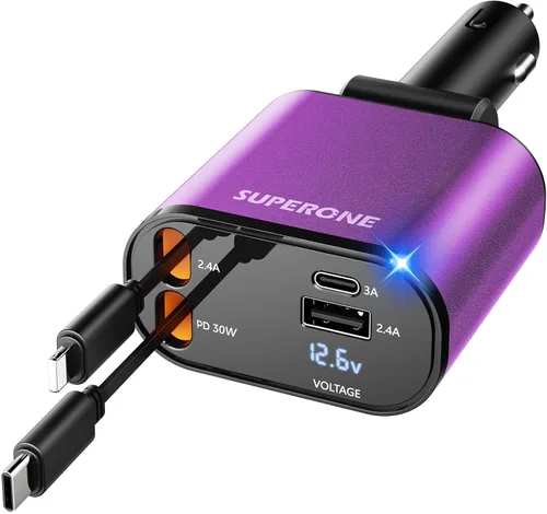 Miniatura 12 de SUPERONE - Cargador retráctil para automóvil 4 en 1, cargador de teléfono rápido para automóvil con cable de 2.6 pies, USB C y adaptador