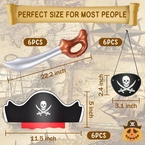 Miniatura 2 de Legigo Juego de 18 piezas divertidas de fiesta pirata, incluye 6 sombreros de pirata, 6 parches para ojos, 6 espadas inflables para fiesta pirata
