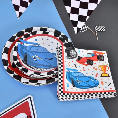 Miniatura 5 de WERNNSAI Suministros para fiestas de autos de carreras, 48 piezas, platos de fiesta de carreras, servilletas, juego de vajilla desechable
