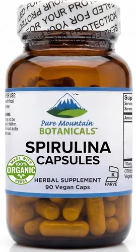Pure Mountain Botanicals Cápsulas de espirulina 90 unidades – 450 mg de espirulina orgánica – Kosher vegano sin OMG – Suplemento de superalimentos –