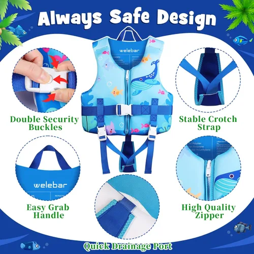 Miniatura 3 de Chaleco de natación para niños, flotadores para niños pequeños con correa de seguridad ajustable, ayudas de natación, flotador infantil, traje