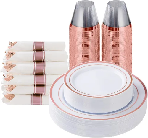 Goodluck Juego de vajilla de plástico color oro rosa de 175 piezas para 25 invitados, elegantes platos desechables para fiesta, incluye: 25 platos
