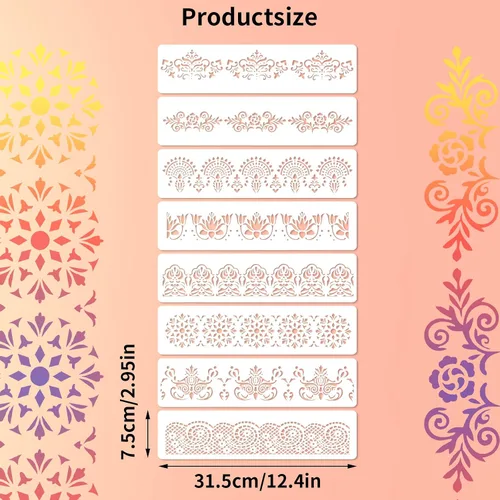 Miniatura 2 de Prasacco Plantillas de borde de flores de 8 piezas, plantillas de mandala ornamentadas para pintar sobre madera, lienzo, papel, tela, pastel, pared