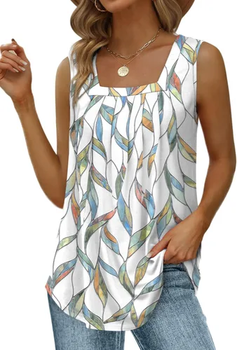 Miniatura 141 de Saloogoe - Camisetas sin mangas veraniegas para mujeres, plisadas con cuello cuadrado y dobladillo curvado, blusas de ajuste holgado con movimiento