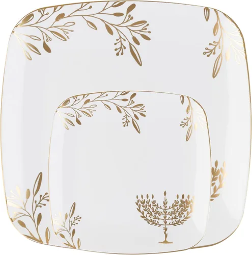 Juego combinado de platos de ensalada de 7 pulgadas y platos cuadrados de plástico de 10 pulgadas, platos de cena de Hanukkah resistentes con diseño