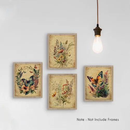 Miniatura 4 de HRQKO Juego de 4 pósteres de arte de pared de mariposa floral vintage, arte de pared floral, arte de pared retro, póster de impresión de mariposas