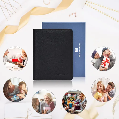 Miniatura 5 de Funda de cuero genuino para pasaporte, billetera con bloqueo RFID, BAPHITY de lujo y simple, Grano negro, Classic