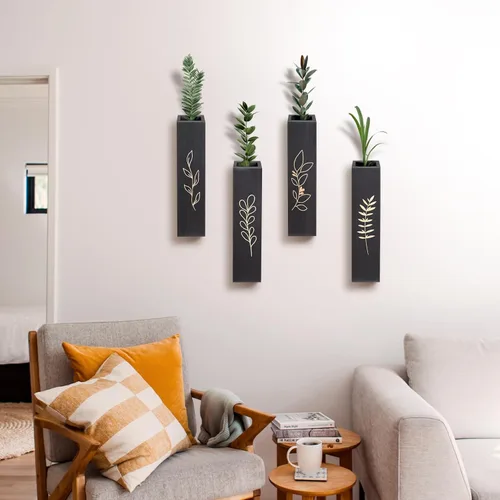 Miniatura 2 de Macetero de pared de madera, paquete de 4 jarrones de pared con bolsillo para interiores, decoración para sala de estar, dormitorio, flores secas