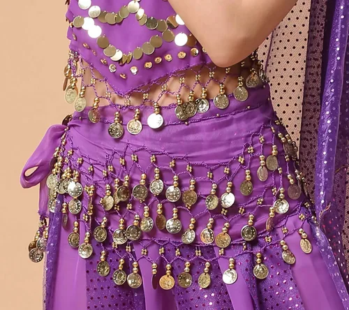 Miniatura 3 de WAYDA Bufanda de cadera para Danza del Vientre, bufanda de danza del vientre para mujer, con 128 monedas color Oro, faldas para danza del vientre