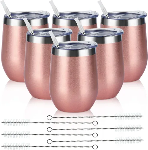 Miniatura 15 de Paquete de 12 vasos de vino de acero inoxidable, 12 onzas, doble pared, aislados al vacío, con tapas y pajitas, copas de vino sin tallo de acero Oro