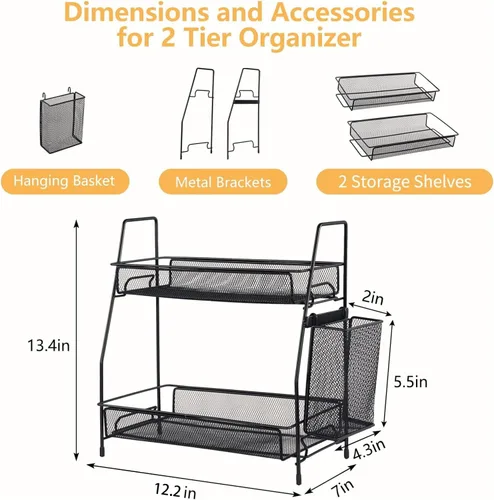 Miniatura 3 de Organizador de baño con canasta, bandeja de baño de 2 niveles para estante de almacenamiento de encimera, organizador de encimera de baño, Negro