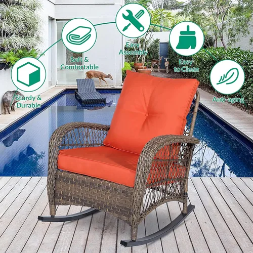 Miniatura 5 de VIVIJASON Mecedora de mimbre para exteriores, silla mecedora de ratán para patio con cojines y marco de acero, muebles de mimbre mecedores