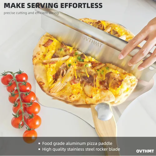 Miniatura 3 de Accesorios para Horno de Pizza 4 PCS, Kit de Pizza, Pala de Pizza de Aluminio con Mango de Madera Plegable, Cortador de Pizza, Cuchilla Balancín