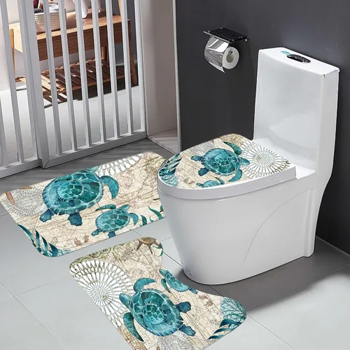 Miniatura 2 de Juegos de Baño Náutico Azul con Cortina de Ducha y Alfombras y Accesorios, Juegos de Cortina de Ducha de Tortuga Marina con 12 Ganchos, Juego
