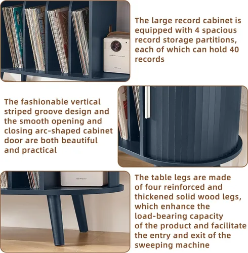 Miniatura 6 de LELELINKY Large Round Record Player Stand with Charging Station & Fluted Display Shelf, Blue Mid Century Modern Turntable Cabinet with Vinyl