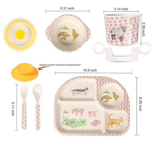 Miniatura 2 de shopwithgreen - Juego de 7 piezas de bambú para vajilla infantil - Platos para niños - Juego de plato, tazón, taza, cuchara y tenedor, vajilla