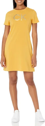 Calvin Klein Vestido de camiseta relajado de manga corta con logotipo midi para mujer