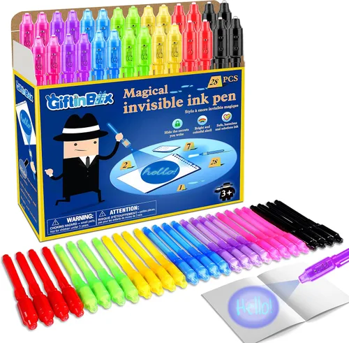 GIFTINBOX Bolígrafo de tinta invisible, 28 unidades de bolígrafo espía con luz UV para niños, recuerdos de fiesta de cumpleaños para niños de 4 a 8