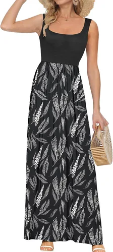 Miniatura 28 de AUSELILY Vestido largo con cuello cuadrado para mujer, sin mangas, floral, holgado, con bolsillos