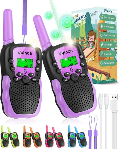 Miniatura 12 de Vvinca Walkie Talkies para niños, juguetes recargables para edades de 5 a 7 años, largo alcance, 22 canales, 2 vías, walkie talkie con linterna