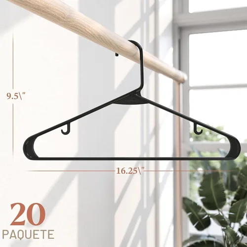 Miniatura 2 de Perchas de plástico para ropa, paquete de 20 unidades, ganchos de plástico color negro, es el colgador perfecto para colgar abrigos y ahorrar