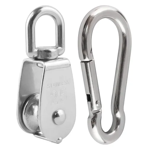 Miniatura 4 de 3 piezas de acero inoxidable 304 M32 de un solo bloque de polea, cuerda de alambre colgante rueda de remolque, con 3 ganchos de resorte